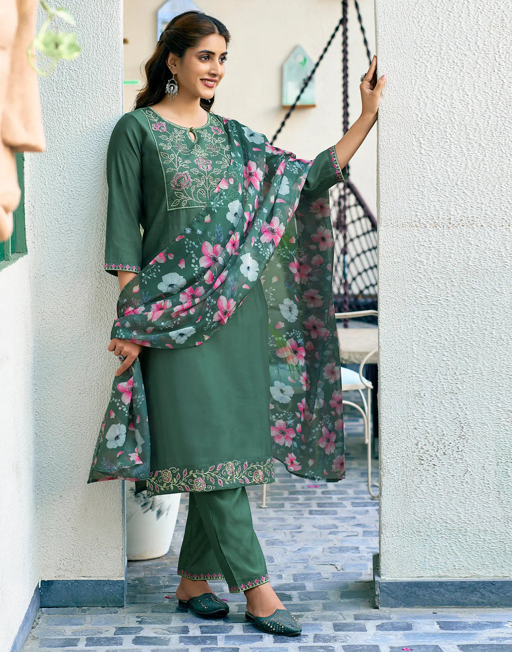 Silk Blend Embroidered Straight 3 Piece Kurta Set