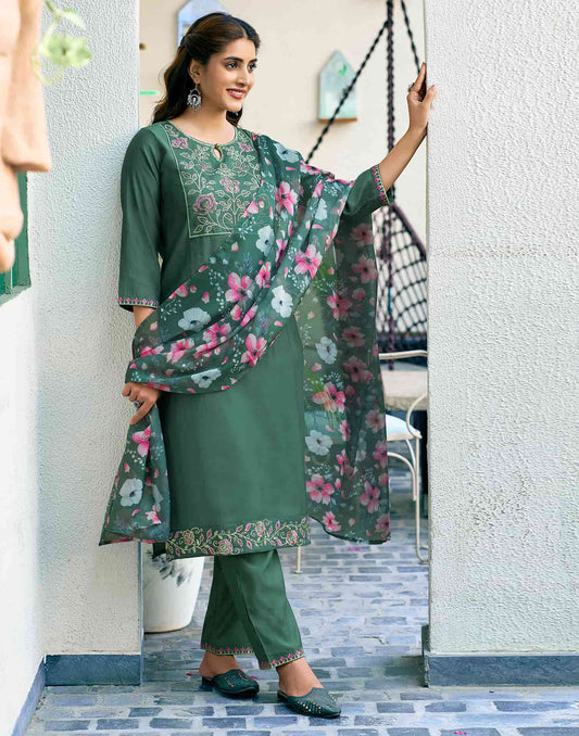 Silk Blend Embroidered Straight Kurta with Pant & Dupatta