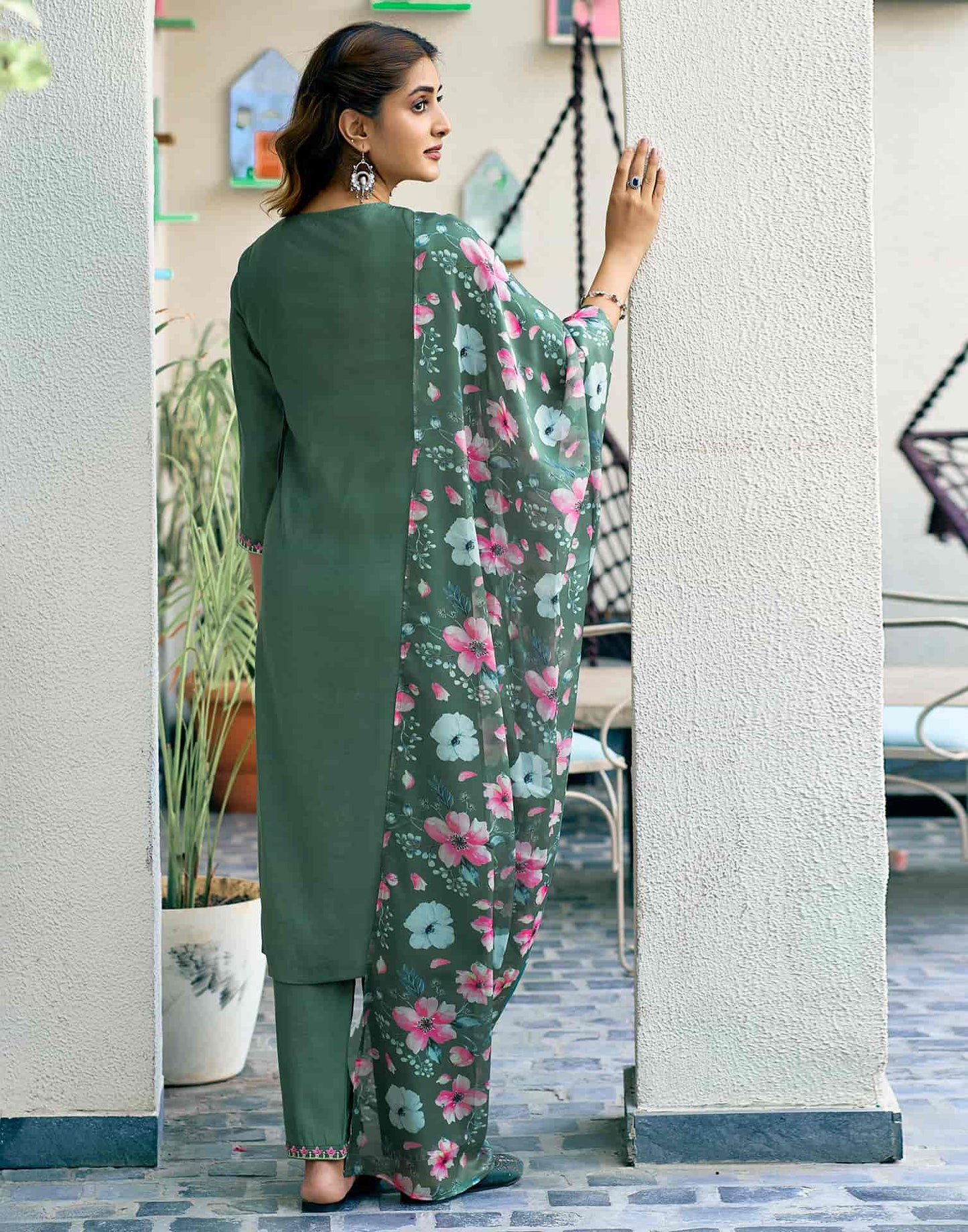 Silk Blend Embroidered Straight Kurta with Pant & Dupatta