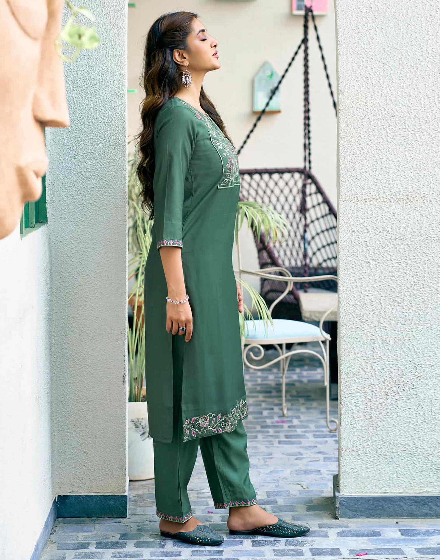 Silk Blend Embroidered Straight Kurta with Pant & Dupatta