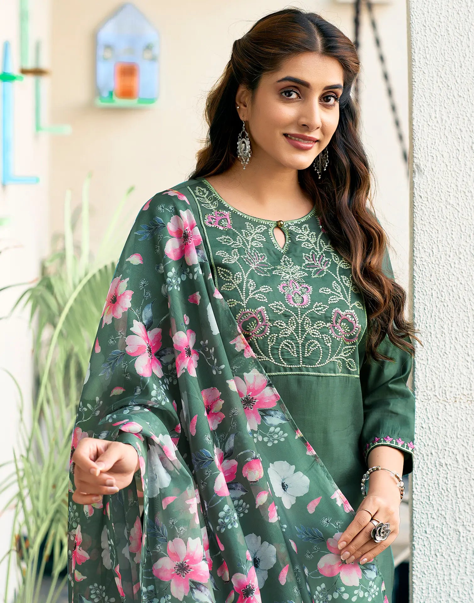 Silk Blend Embroidered Straight 3 Piece Kurta Set