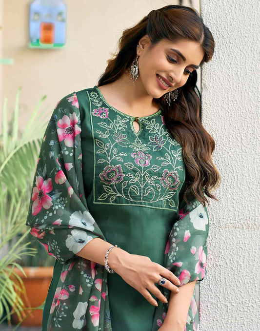 Silk Blend Embroidered Straight Kurta with Pant & Dupatta