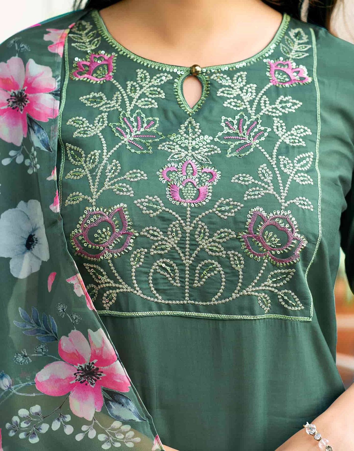 Silk Blend Embroidered Straight Kurta with Pant & Dupatta