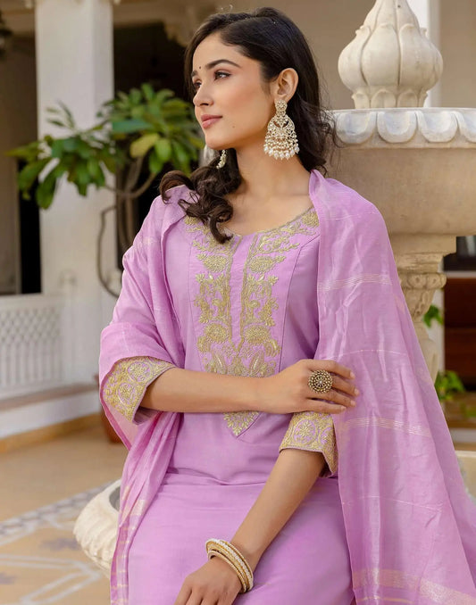 Silk Blend Embroidery Work and Embroidery Lace Straight Kurta with Pant & Dupatta