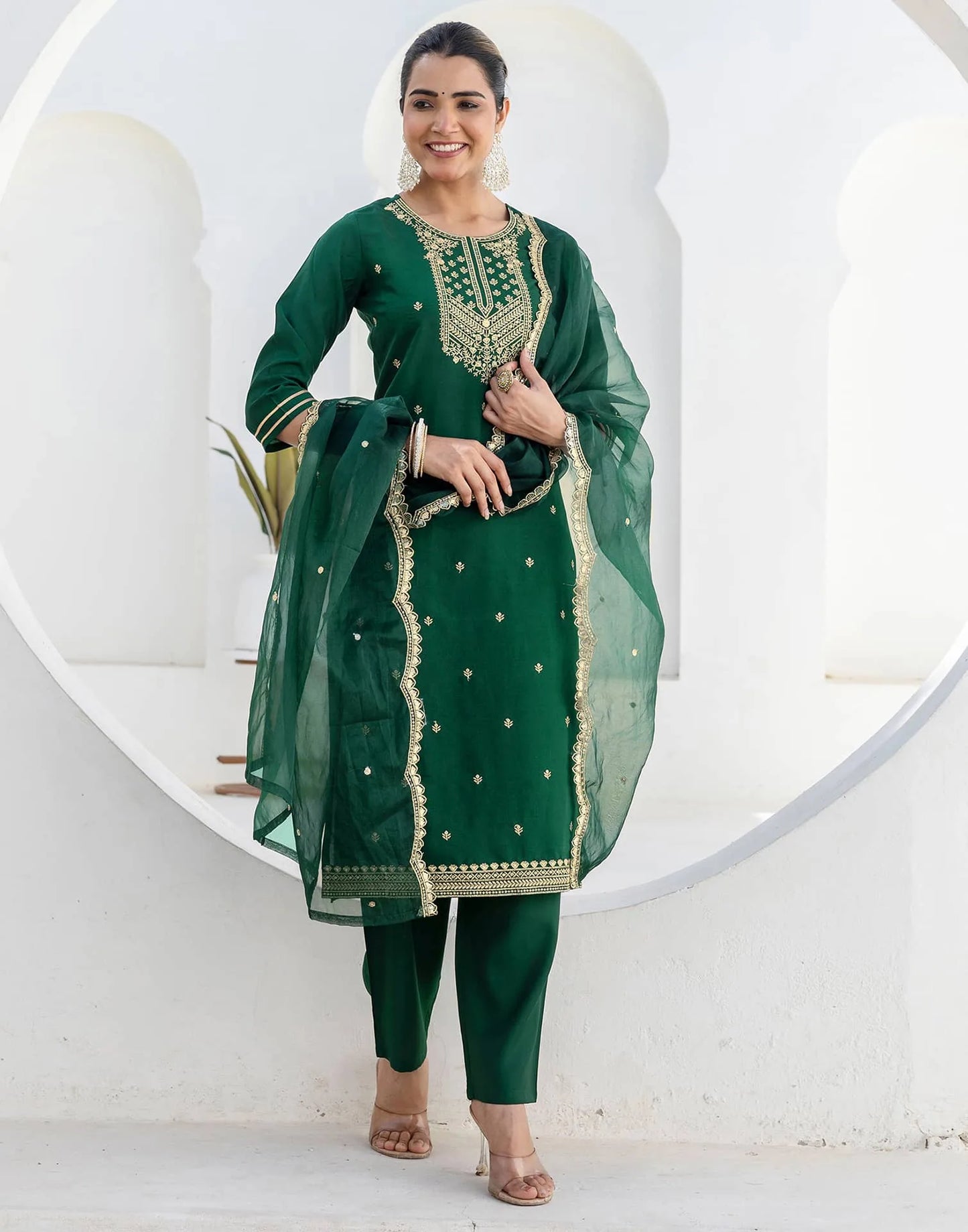 Affordable Dark Green Silk Embroidered Kurta Set with duppatta 