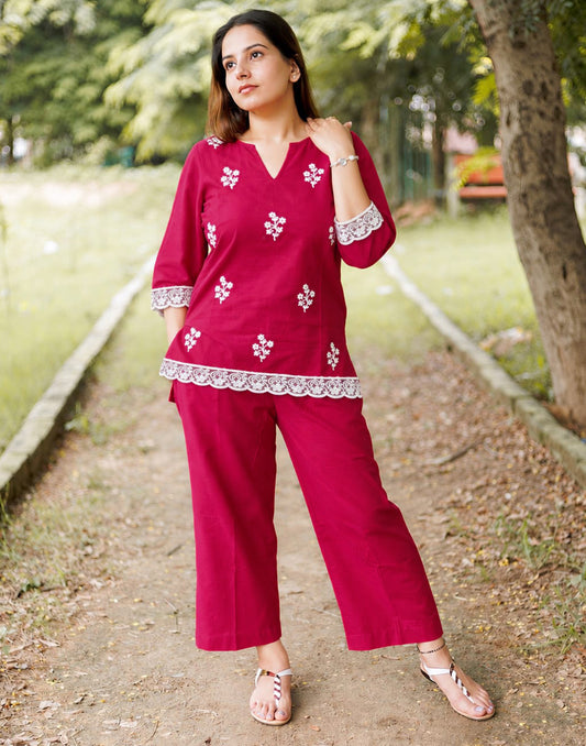 Silk Blend Embroidered V-Neck Co-ords Set