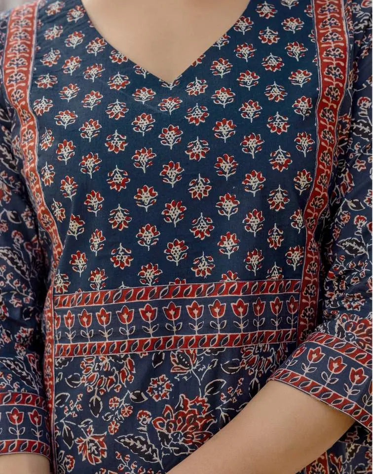 Affordable Navy Blue Printed V Neck Kurta Set with dupatta