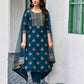 Teal Blue Silk Printed Round Neck 3/4 Sleeve Straight Kurta Set With Pant & Dupatta