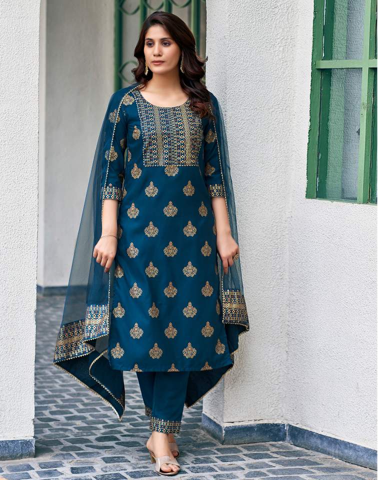 Teal Blue Silk Printed Round Neck 3/4 Sleeve Straight Kurta Set With Pant & Dupatta