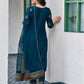 Teal Blue Silk Printed Round Neck 3/4 Sleeve Straight Kurta Set With Pant & Dupatta