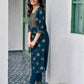 Teal Blue Silk Printed Round Neck 3/4 Sleeve Straight Kurta Set With Pant & Dupatta