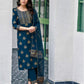 Teal Blue Silk Printed Round Neck 3/4 Sleeve Straight Kurta Set With Pant & Dupatta