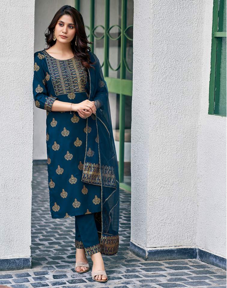 Teal Blue Silk Printed Round Neck 3/4 Sleeve Straight Kurta Set With Pant & Dupatta