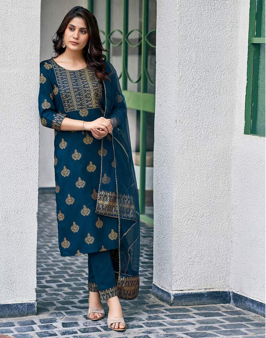 Teal Blue Silk Printed Round Neck 3/4 Sleeve Straight Kurta Set With Pant & Dupatta