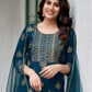Teal Blue Silk Printed Round Neck 3/4 Sleeve Straight Kurta Set With Pant & Dupatta