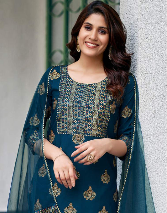 Teal Blue Silk Printed Round Neck 3/4 Sleeve Straight Kurta Set With Pant & Dupatta