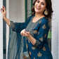 Teal Blue Silk Printed Round Neck 3/4 Sleeve Straight Kurta Set With Pant & Dupatta