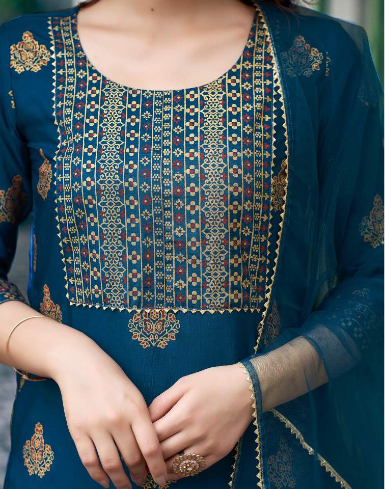 Teal Blue Silk Printed Round Neck 3/4 Sleeve Straight Kurta Set With Pant & Dupatta