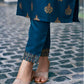 Teal Blue Silk Printed Round Neck 3/4 Sleeve Straight Kurta Set With Pant & Dupatta