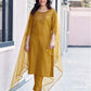 Mustard Yellow Silk Plain Sweetheart Neck 3/4 Sleeve Straight Kurta Set With Pant & Dupatta