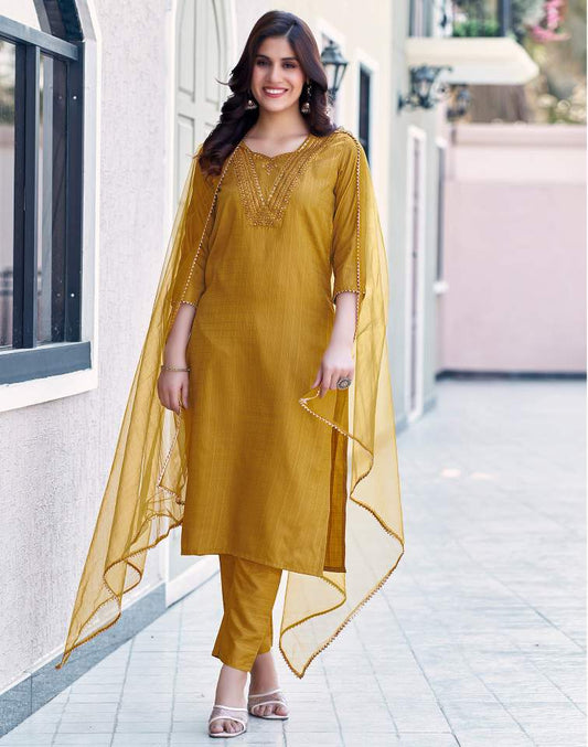 Mustard Yellow Silk Plain Sweetheart Neck 3/4 Sleeve Straight Kurta Set With Pant & Dupatta