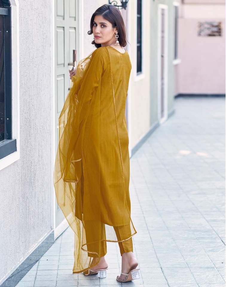 Mustard Yellow Silk Plain Sweetheart Neck 3/4 Sleeve Straight Kurta Set With Pant & Dupatta