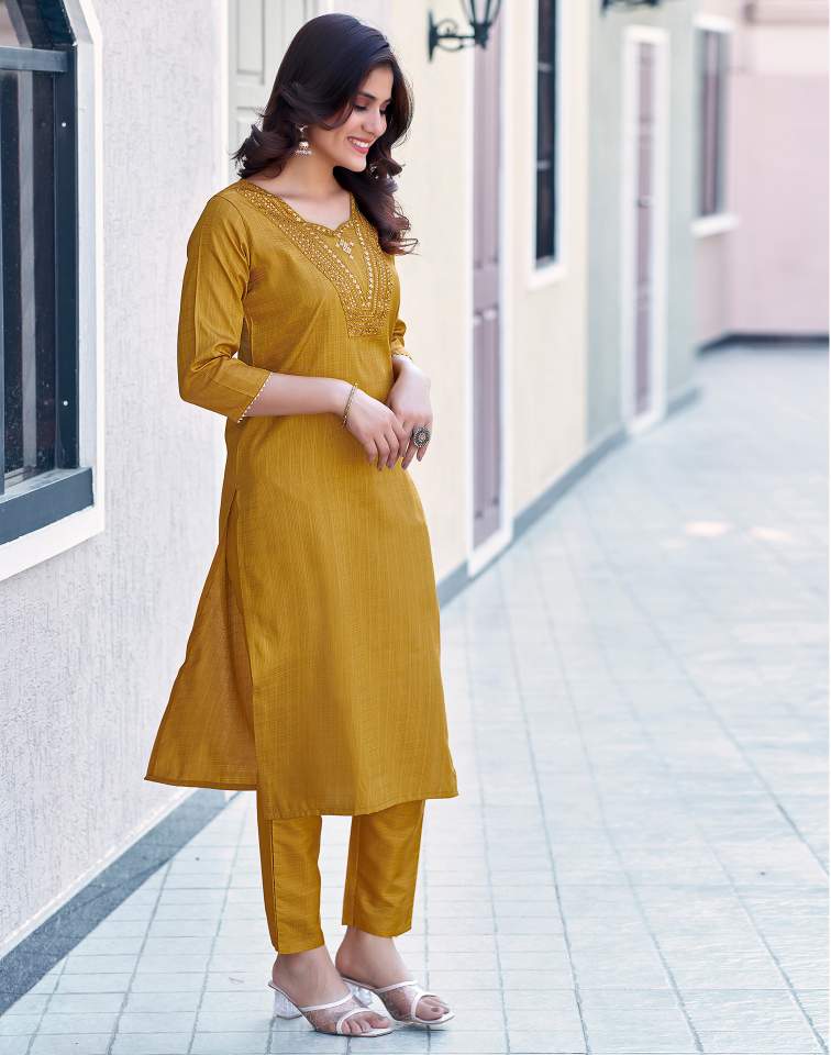 Mustard Yellow Silk Plain Sweetheart Neck 3/4 Sleeve Straight Kurta Set With Pant & Dupatta
