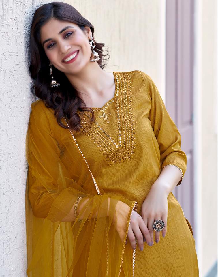 Mustard Yellow Silk Plain Sweetheart Neck 3/4 Sleeve Straight Kurta Set With Pant & Dupatta