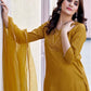 Mustard Yellow Silk Plain Sweetheart Neck 3/4 Sleeve Straight Kurta Set With Pant & Dupatta
