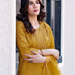 Mustard Yellow Silk Plain Sweetheart Neck 3/4 Sleeve Straight Kurta Set With Pant & Dupatta