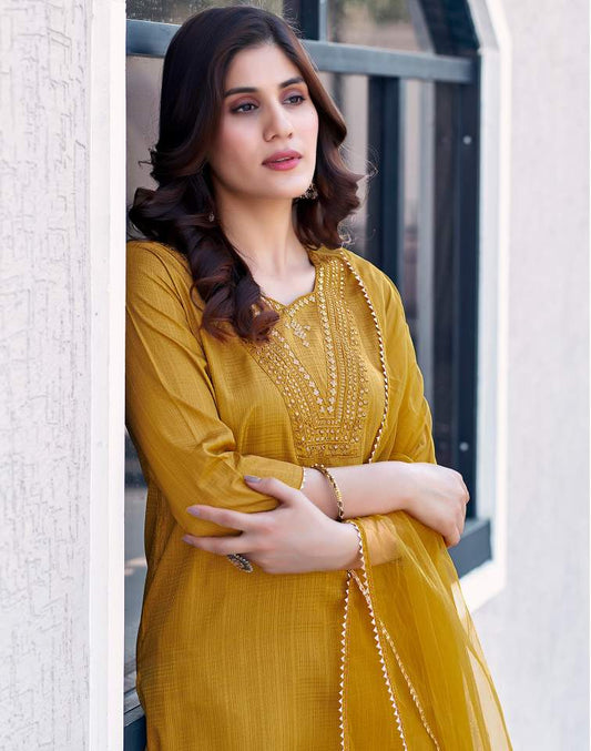 Mustard Yellow Silk Plain Sweetheart Neck 3/4 Sleeve Straight Kurta Set With Pant & Dupatta