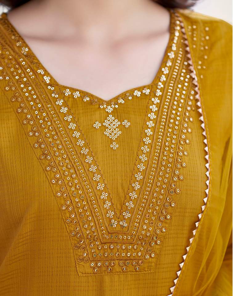 Mustard Yellow Silk Plain Sweetheart Neck 3/4 Sleeve Straight Kurta Set With Pant & Dupatta