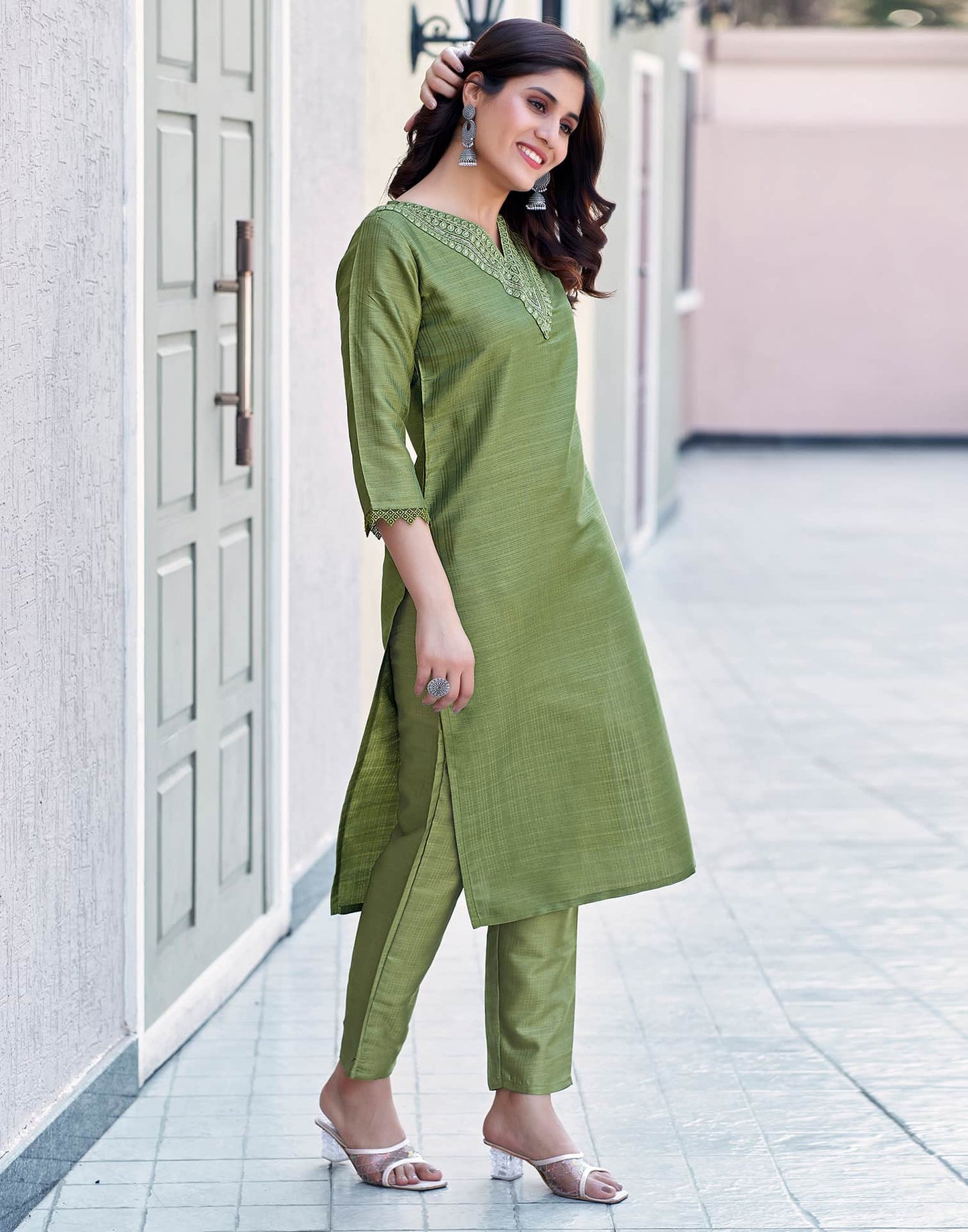 Silk Blend Sequence Embroidery Work and Lace Straight Kurta with Pant & Dupatta