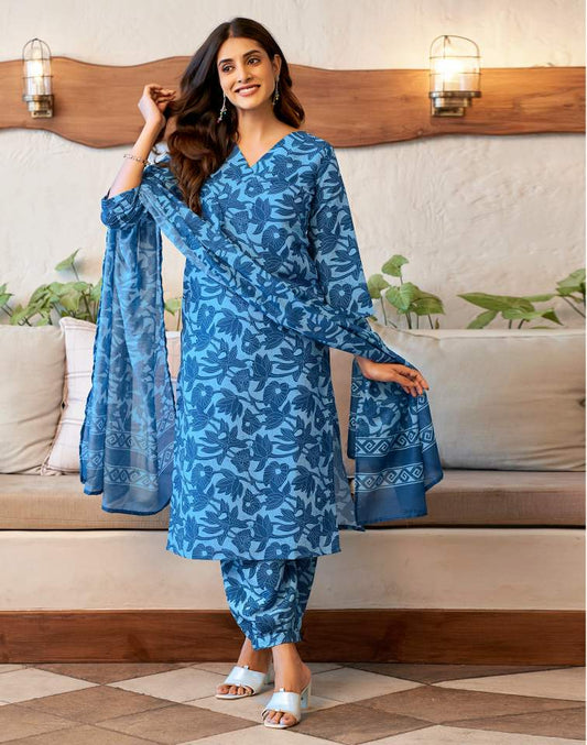 Light Blue Silk Printed V Neck 3/4 Sleeve Straight Kurta Set With Pant & Dupatta