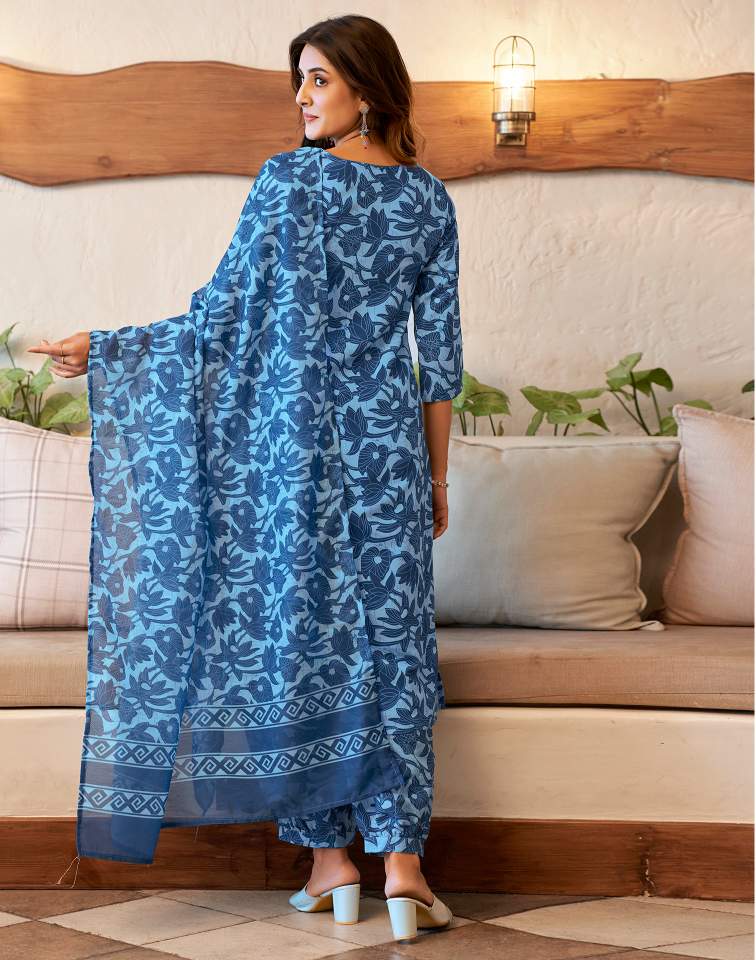 Light Blue Silk Printed V Neck 3/4 Sleeve Straight Kurta Set With Pant & Dupatta