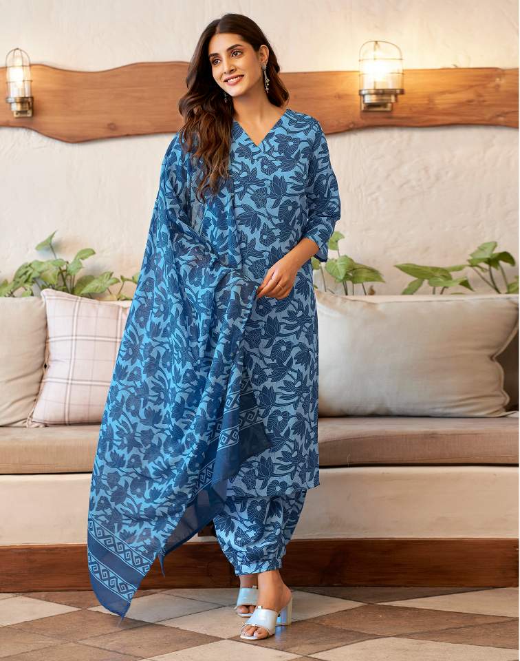 Light Blue Silk Printed V Neck 3/4 Sleeve Straight Kurta Set With Pant & Dupatta