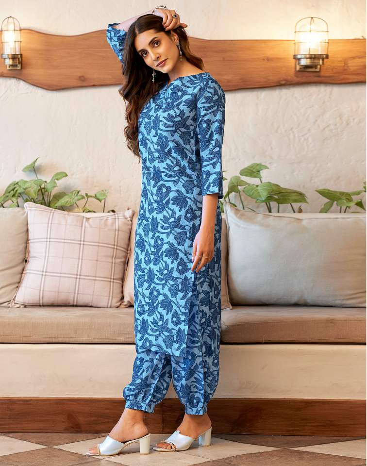 Light Blue Silk Printed V Neck 3/4 Sleeve Straight Kurta Set With Pant & Dupatta
