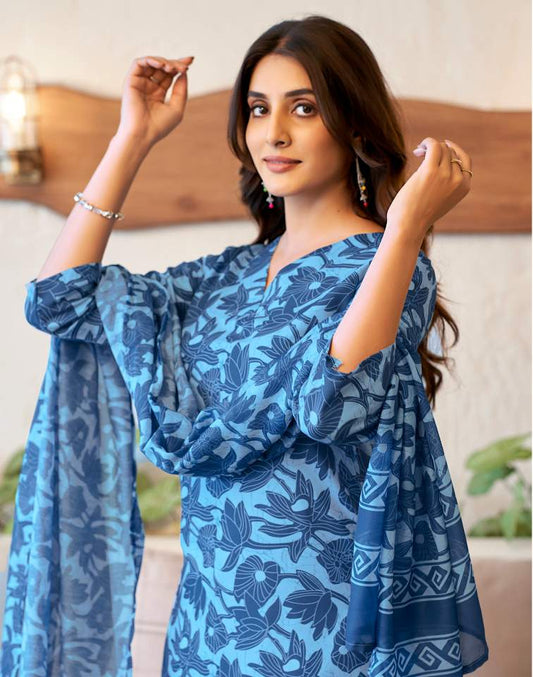 Light Blue Silk Printed V Neck 3/4 Sleeve Straight Kurta Set With Pant & Dupatta
