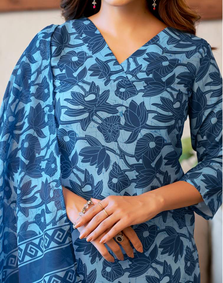 Light Blue Silk Printed V Neck 3/4 Sleeve Straight Kurta Set With Pant & Dupatta