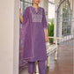 Dark Lavender Silk Plain V Neck 3/4 Sleeve Straight Kurta Set With Pant & Dupatta