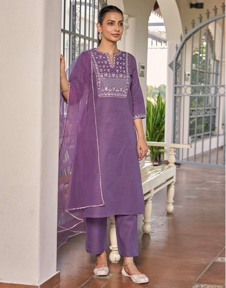 Dark Lavender Silk Plain V Neck 3/4 Sleeve Straight Kurta Set With Pant & Dupatta