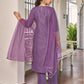 Dark Lavender Silk Plain V Neck 3/4 Sleeve Straight Kurta Set With Pant & Dupatta