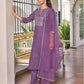 Dark Lavender Silk Plain V Neck 3/4 Sleeve Straight Kurta Set With Pant & Dupatta
