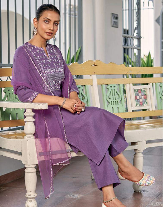 Dark Lavender Silk Plain V Neck 3/4 Sleeve Straight Kurta Set With Pant & Dupatta