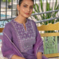 Dark Lavender Silk Plain V Neck 3/4 Sleeve Straight Kurta Set With Pant & Dupatta