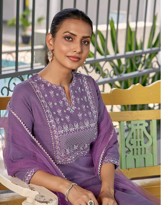 Dark Lavender Silk Plain V Neck 3/4 Sleeve Straight Kurta Set With Pant & Dupatta
