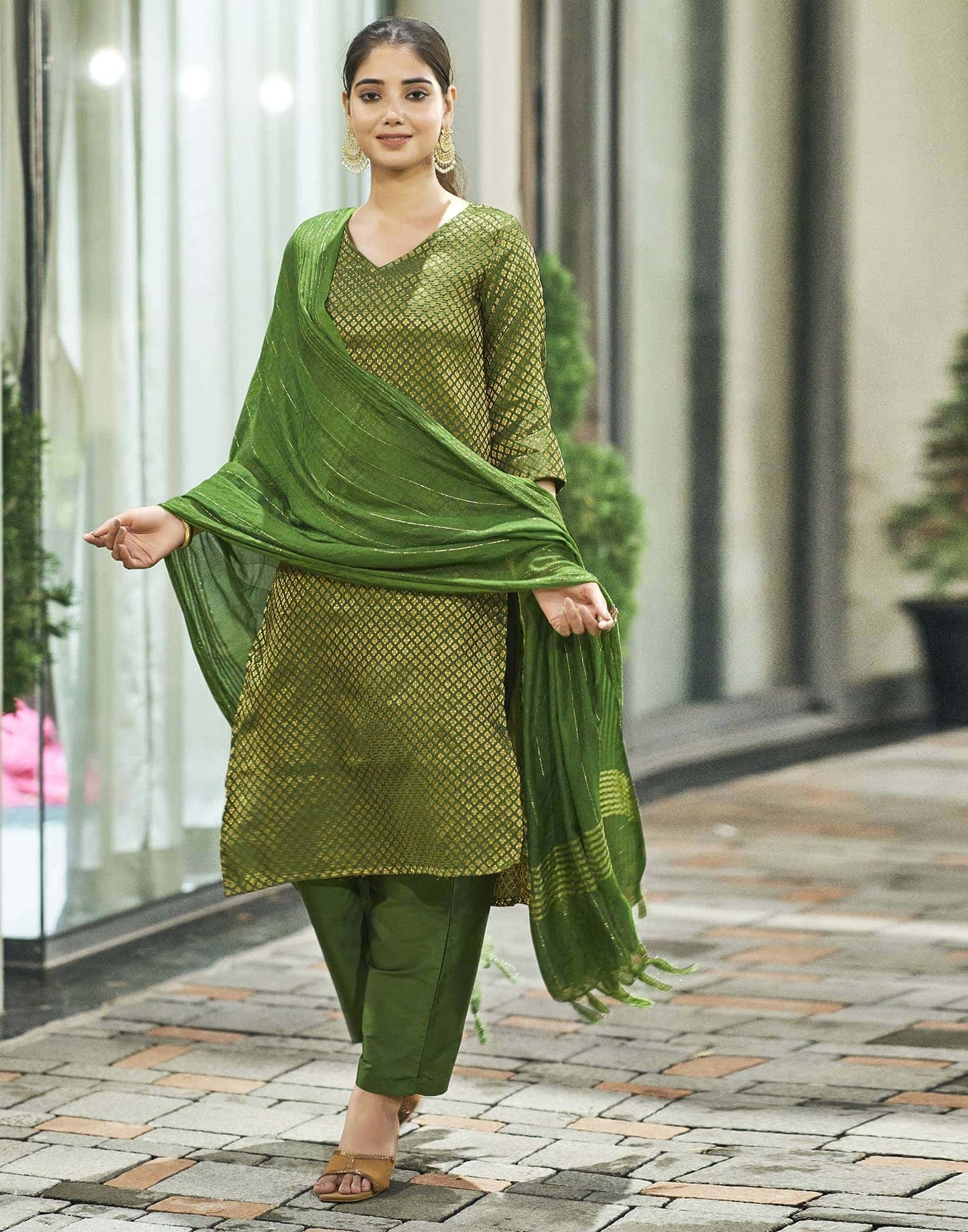 Art Silk Woven Straight Kurta with Pant & Dupatta