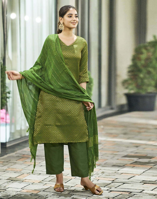 Art Silk Woven Straight Kurta with Pant & Dupatta