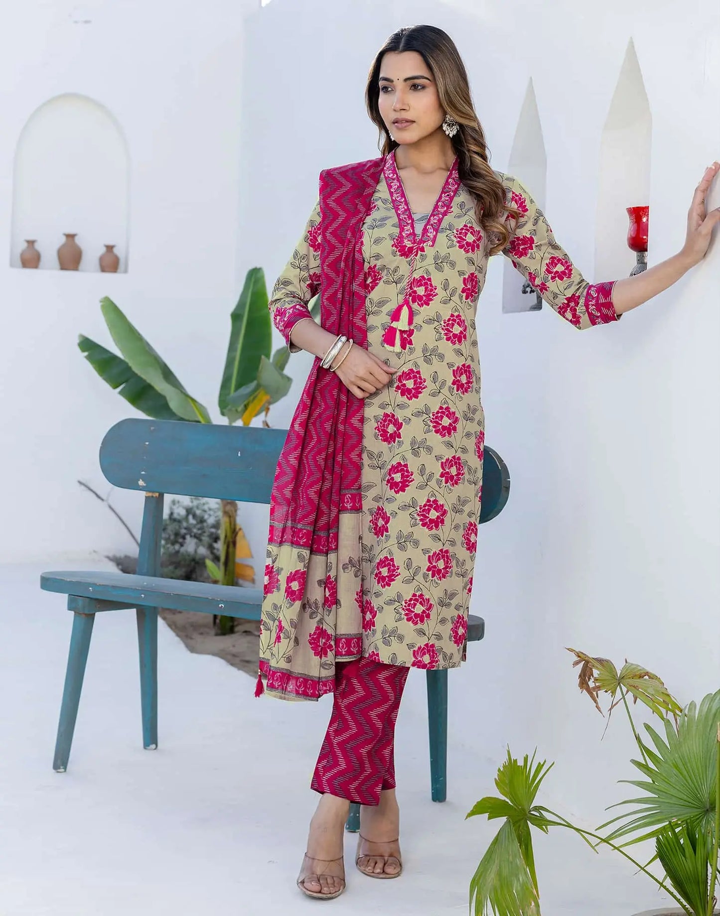 Grey Printed Kurti with pant & dupatta 