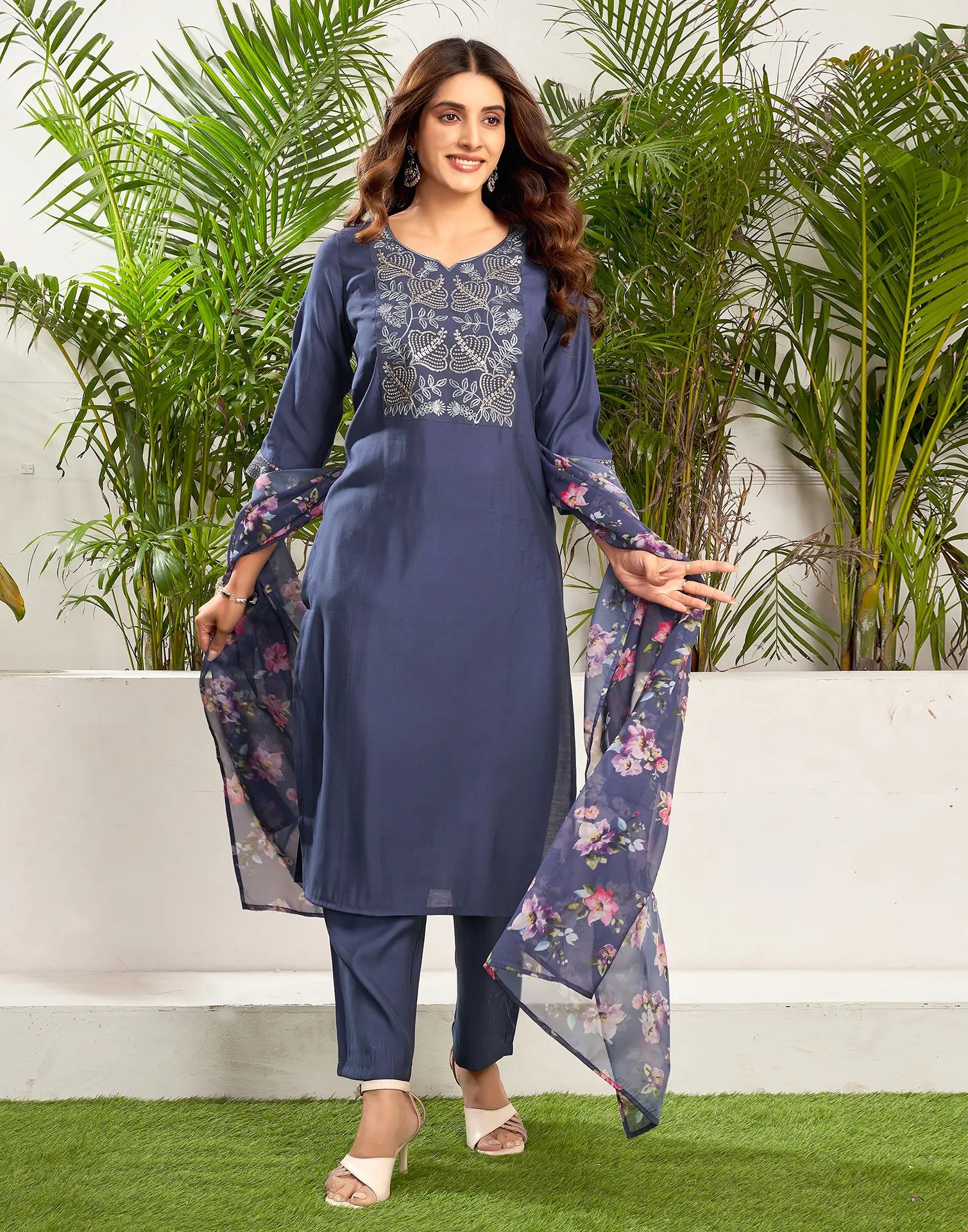 Silk Blend Embroidered Straight 3 Piece Kurta Set